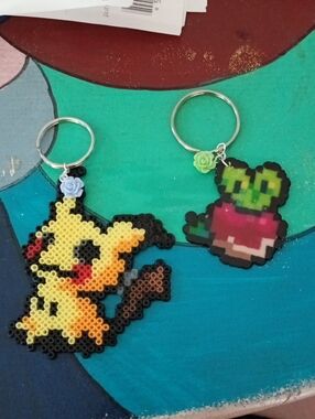 Perler Bead Mimikyu & Applin Keychains - Yellow, Green, Pink